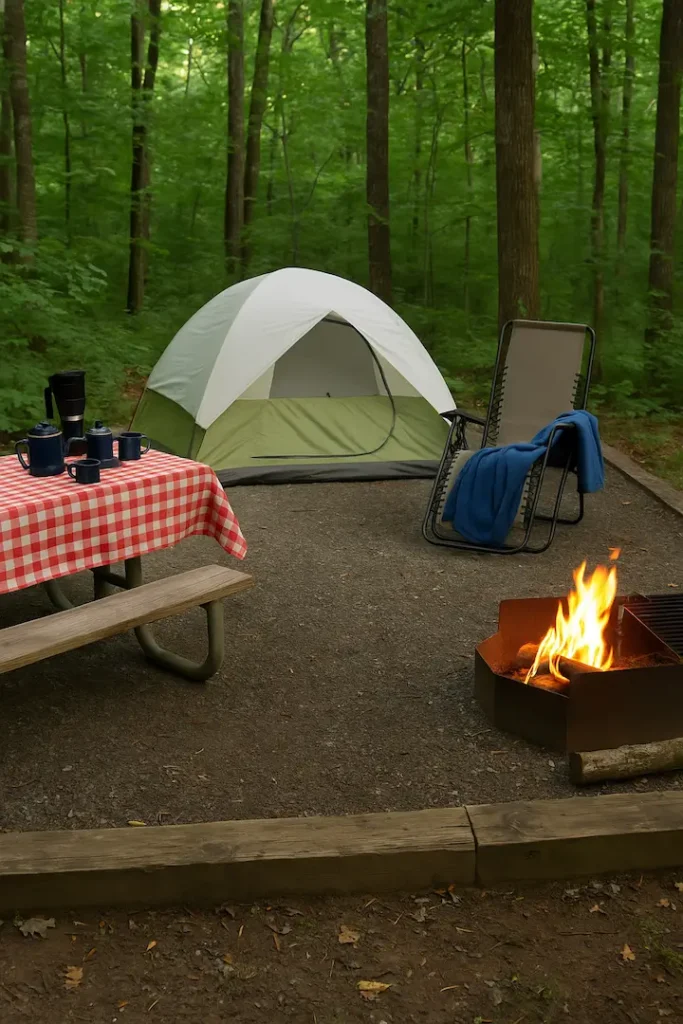 A forest campsite at Black Rock Mountain State Park