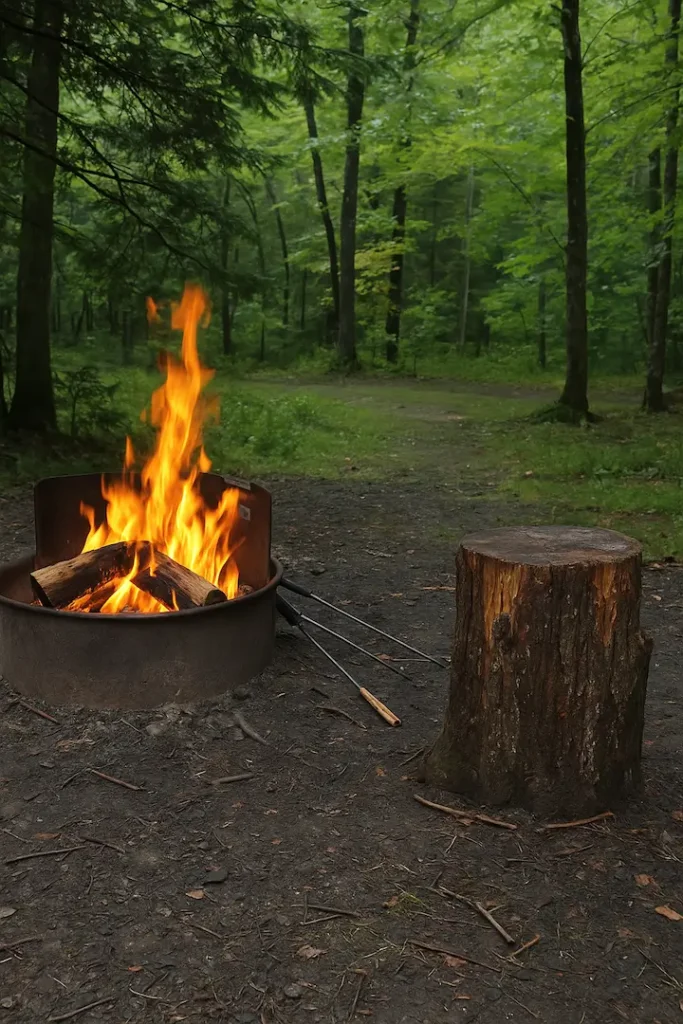 A forest campsite at Poe Paddy State Park with a crackling fire in a metal fire ring, a large tree stump as a seat, and dense green woods in the background