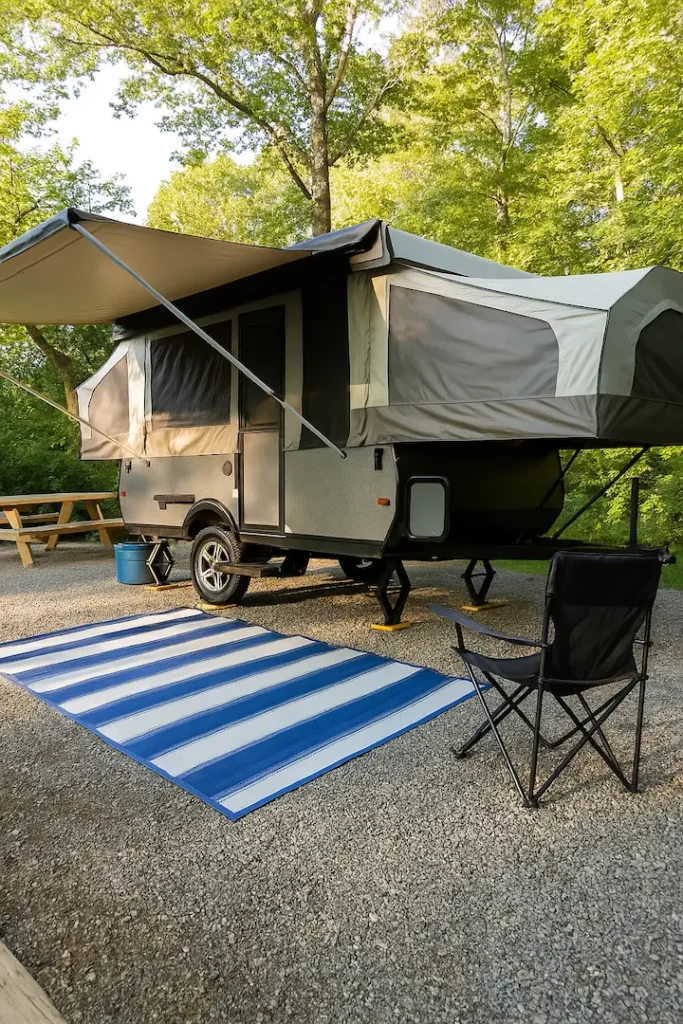 A pop-up camper with an awning is set up at a gravel campsite in Black Rock Mountain State Park