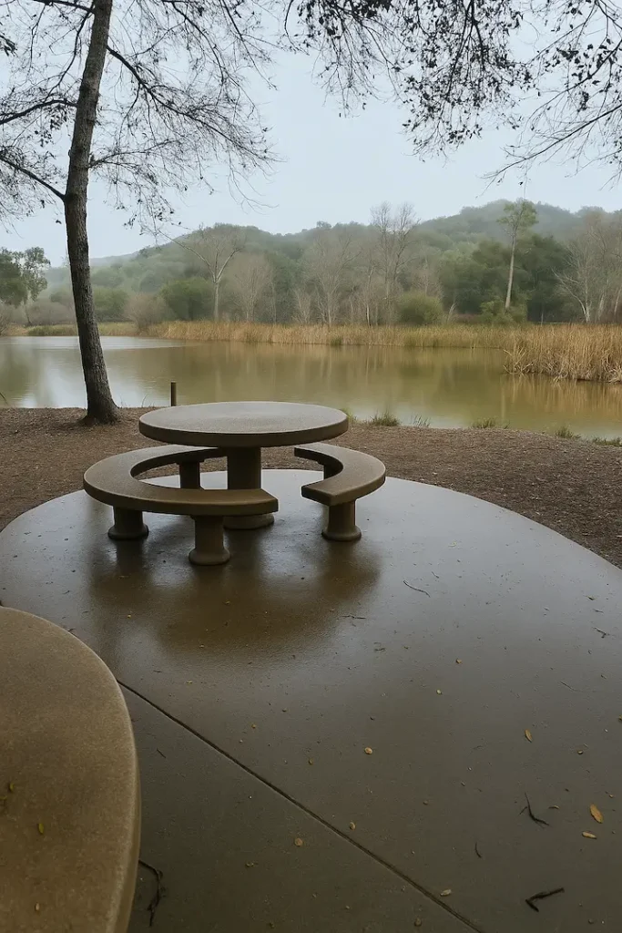 A quiet lakeside picnic spot at Dos Picos County Park with a round concrete table and benches on a damp pad, surrounded by leafless trees and misty hills in the background