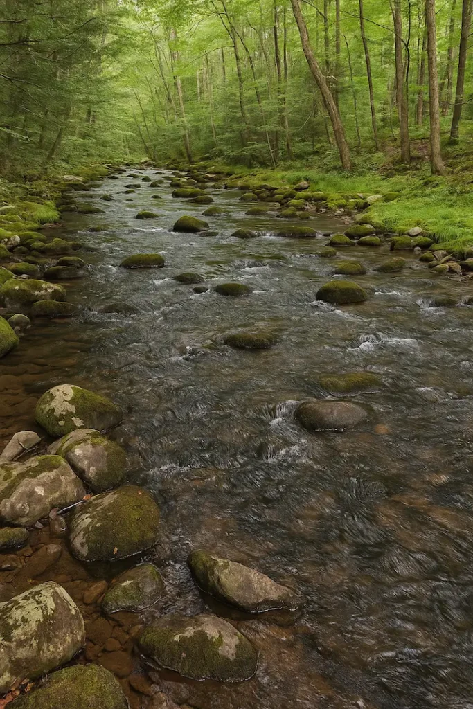 A rocky forest stream at Poe Paddy State Park, with moss-covered boulders and clear water flowing gently through dense, green woodland