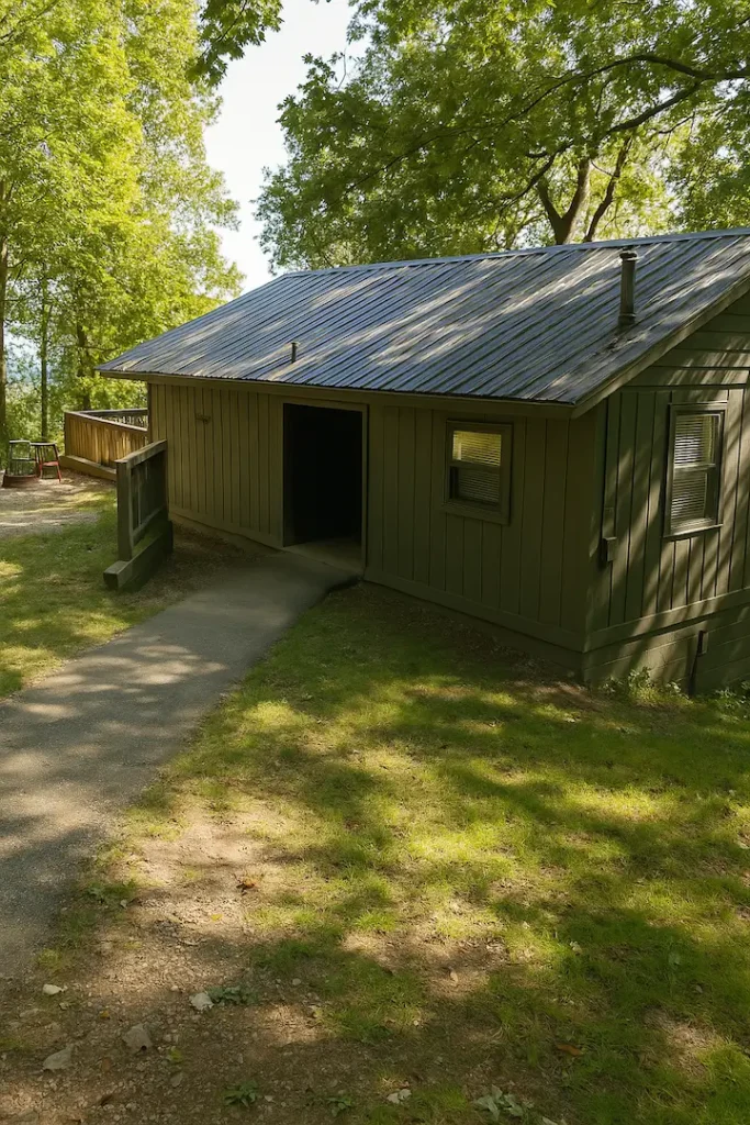 A rustic wood cabin with a metal roof sits in a shaded clearing at Black Rock Mountain State Park