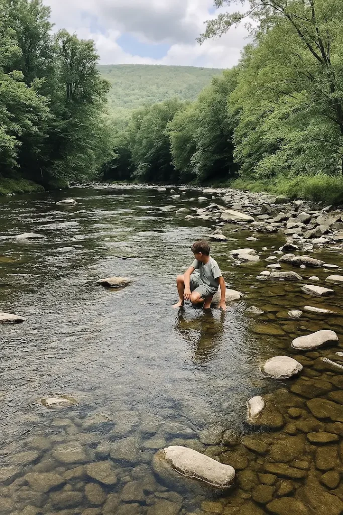 A scenic river view at Poe Paddy State Park, with clear shallow water flowing over rocks and surrounded by dense green forest and distant hills