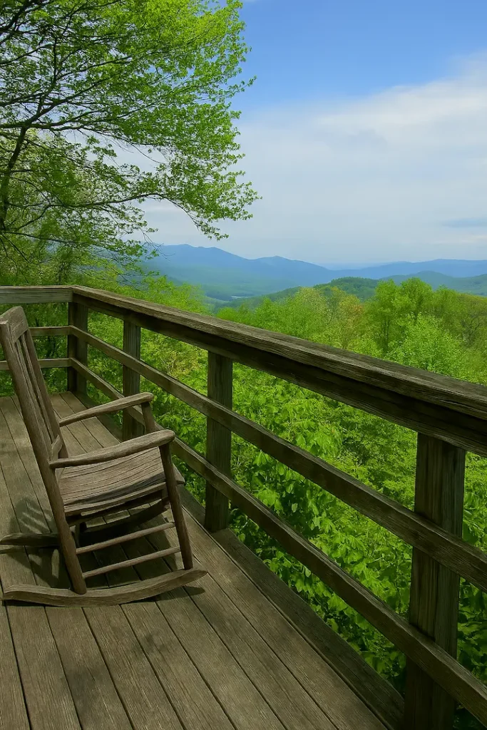 A weathered wooden rocking chair sits on a scenic overlook deck at Black Rock Mountain State Park