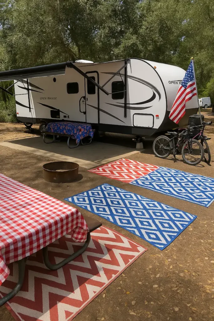A well-decorated RV campsite at Dos Picos County Park featuring a white trailer, outdoor rugs, picnic tables, a fire ring, and bikes, surrounded by tall oak trees