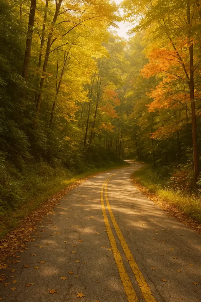 A winding road curves through a dense autumn forest at Black Rock Mountain State Park