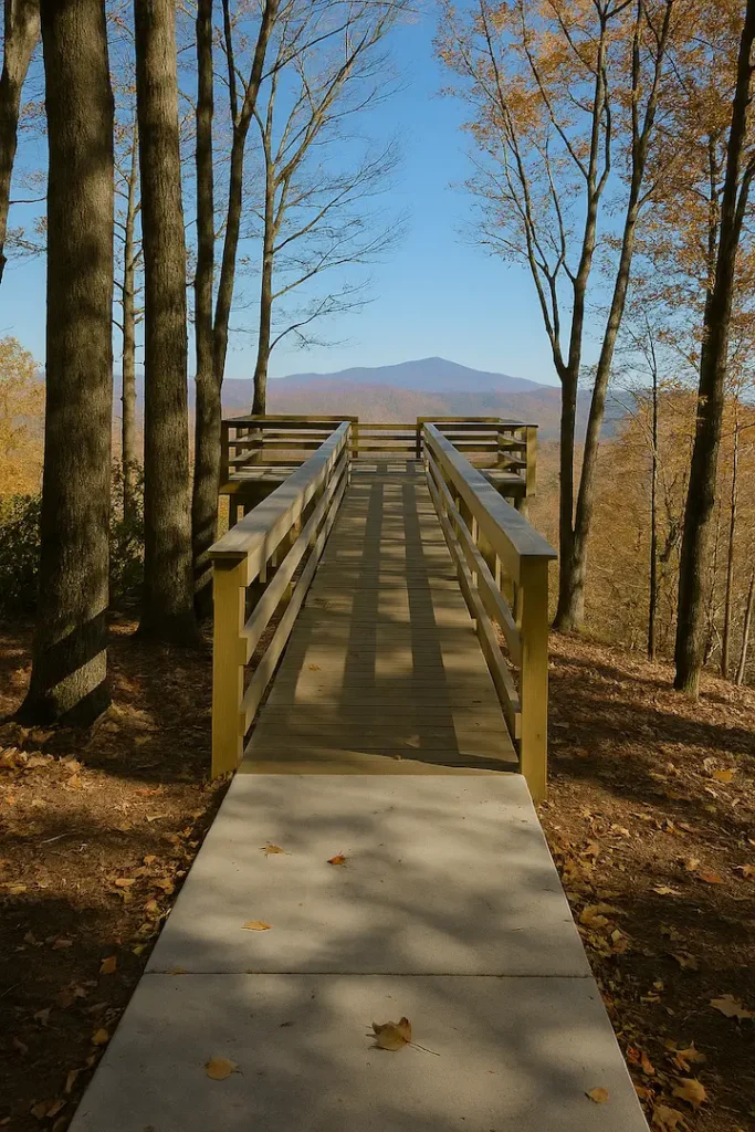A wooden observation deck stretches into a scenic overlook at Black Rock Mountain State Park