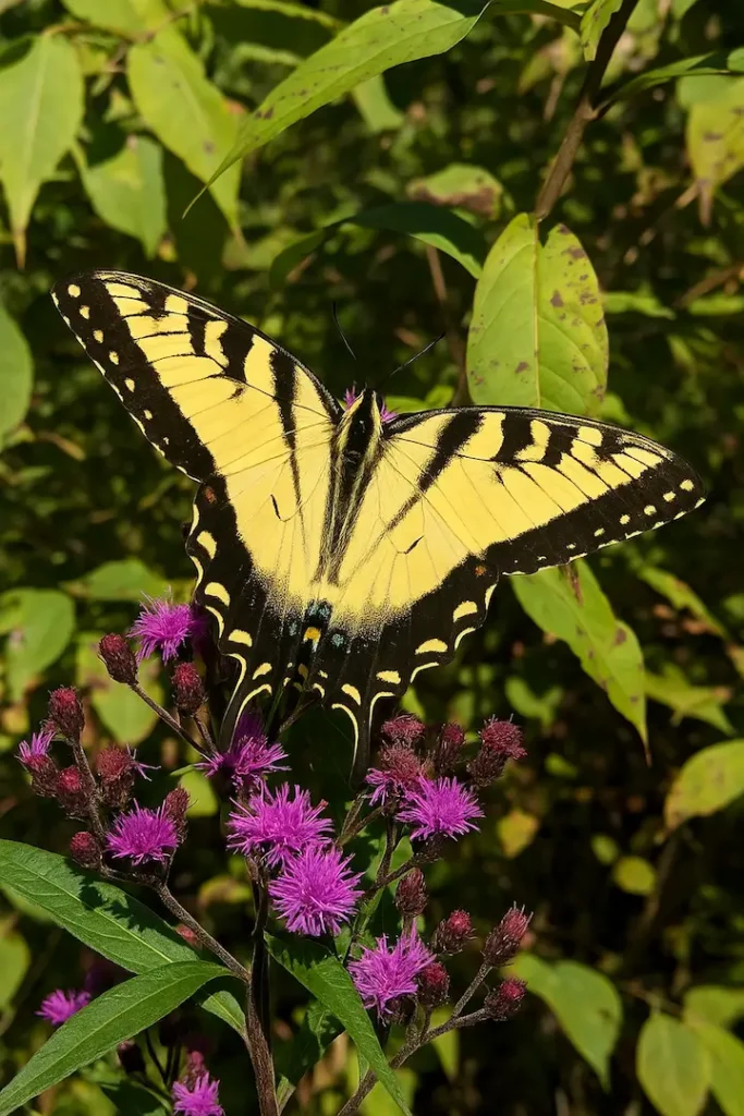 A yellow and black Eastern Tiger Swallowtail butterfly rests on vibrant purple wildflowers at Black Rock Mountain State Park