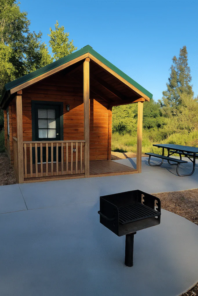 A small wooden cabin at Dos Picos County Park with a green roof, front porch, nearby picnic table, and grill, surrounded by dense greenery and bathed in evening sunlight