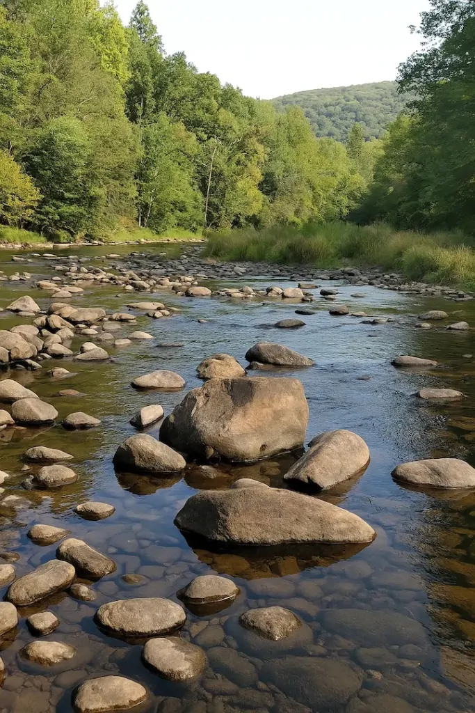 A rocky riverbed at Poe Paddy State Park with smooth boulders scattered in clear shallow water, bordered by lush green forest and distant hills